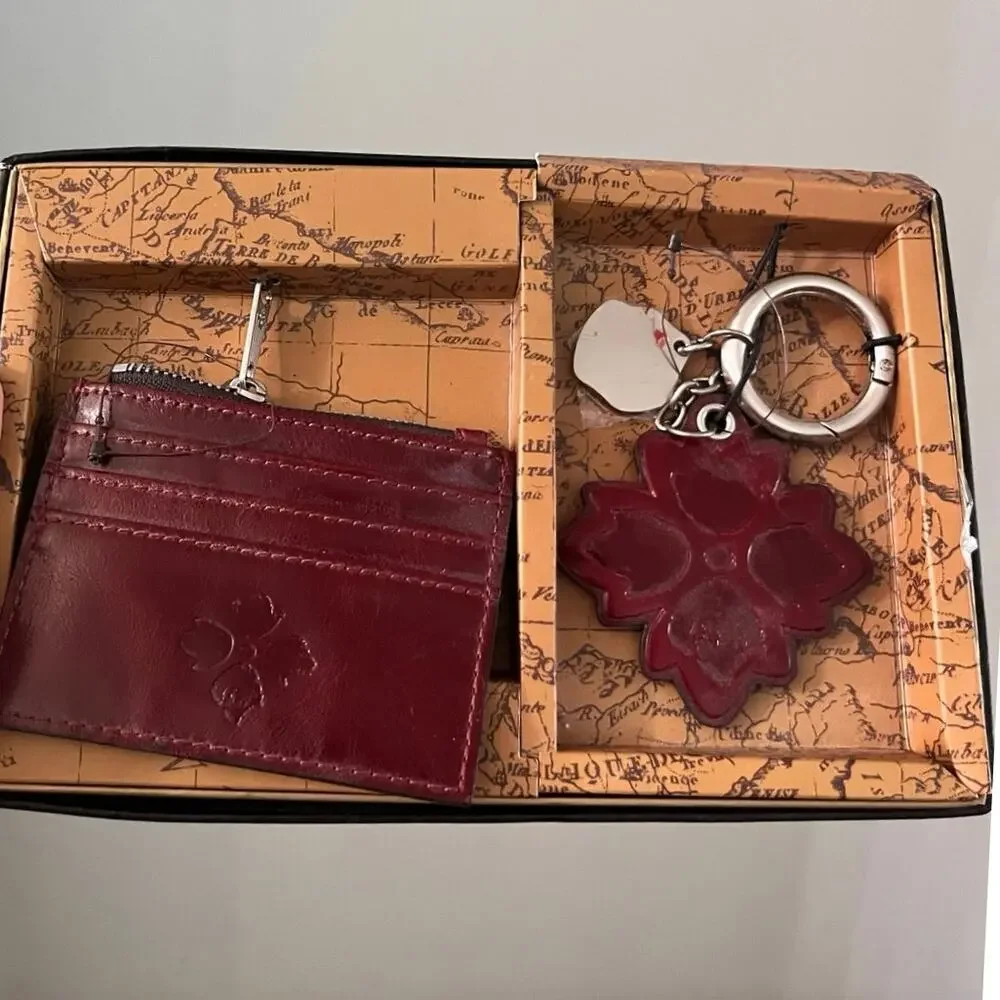 Patricia Nash New Leather ID Card Wallet & Key Chain Set Red Berry Color